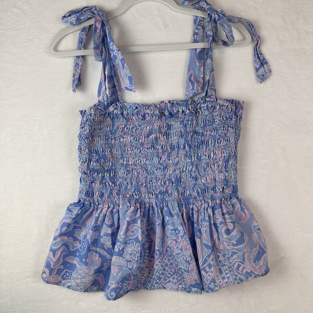 Lilly Pulitzer Rivera Smocked Top Women’s Large Blue Pink Tie Strap Peplum